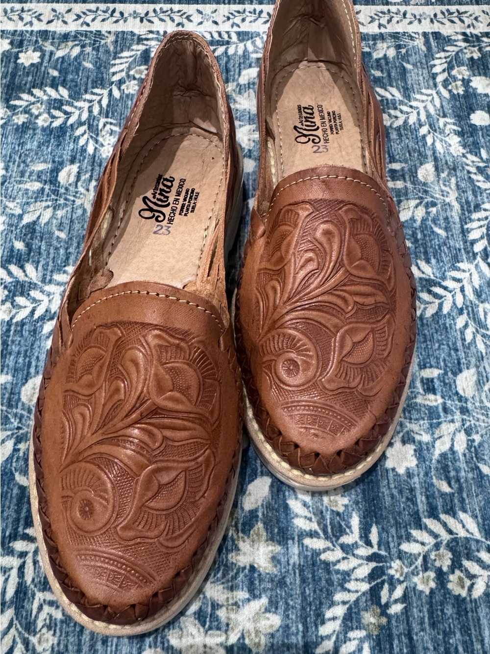 Caramel Brown Floral-Embossed Leather Huaraches